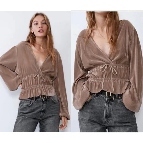 ZARA Balloon Sleeve Accordian Pleated Surplice Front Peplum Top, Taupe Color, S - Picture 1 of 14